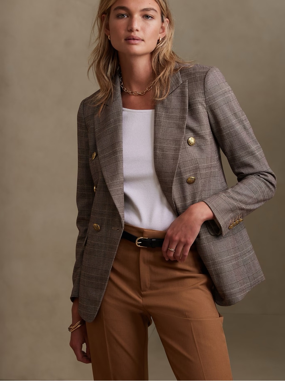 Banana Republic Factory Icon Plaid Double Breasted Military Style Blazer Taupe